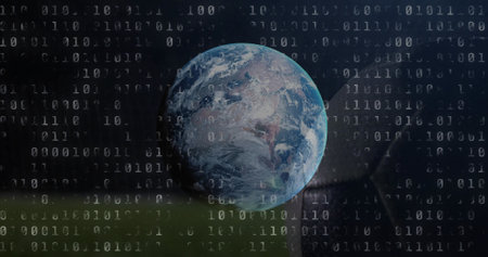 Displaying Earth globe in digital backdrop, with binary overlay, silhouette and green band. Planet, cyberpunk, matrix, data, holographic, glow, moodyの写真素材