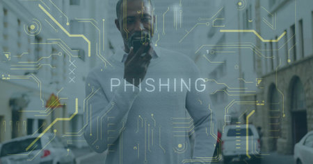 Holding smartphone, mature man speaking on city street in light gray sweater, PHISHING overlay. Urban, street, commuter, professional, cybersecurity, overlay, cityscapeの写真素材