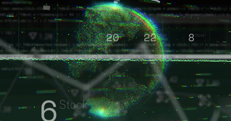 Spinning particle globe pulsing in dark HUD showing Stock label 20,22,8,6 graph axes scan noise....
