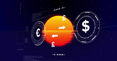 Pulsing central orange orb animating in digital finance HUD, showing currency icons and arrows. Neon, futuristic, sphere, glowing, radar, dashboard, dataの写真素材