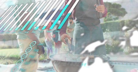 Grilling man wearing striped apron tending with tongs at poolside charcoal grill, with overlay. Backyard, pool, barbecue, outdoor, casual, friends, gatheringの写真素材