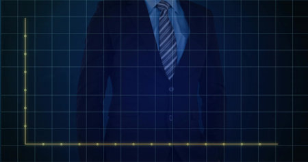Standing mid adult man in dark suit and striped tie on presentation dashboard grid, glowing axes. Executive, corporate, finance, data, analytics, neon, glowの写真素材