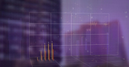 Projecting golden bars rising inside 3D grid box at left in office showing axis ticks, numbers....