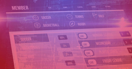 Displaying sports dashboard on screen, showing MEMBER label, LIVE buttons, percentage badges. Digital, portal, magenta, gradient, interface, analytics, metricsの写真素材