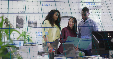 Showing three coworkers reviewing teal folder at open office maroon top presenter blue grid overlay....