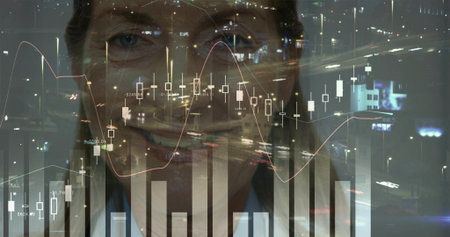 Gazing senior woman wearing collared top and glasses, overlaying charts, thin tube, night highway. Portrait, mature, cityscape, evening, finance, candlesticks, dataの写真素材