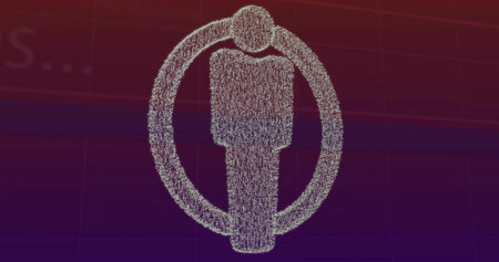 Displaying central wireframe humanoid icon forming from particles on UI, with ring and left text. Pointcloud, glyph, halo, gradient, grid, panels, futuristicの写真素材