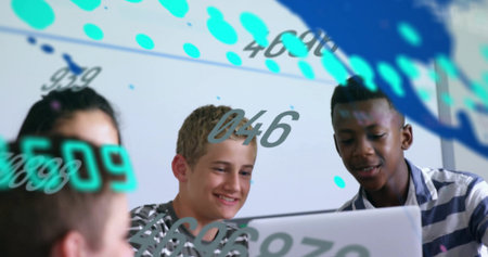 Working group of four leaning over laptop at classroom table, with AR overlays and striped shirts. Collaboration, education, technology, teamwork, learning, device, peersの写真素材