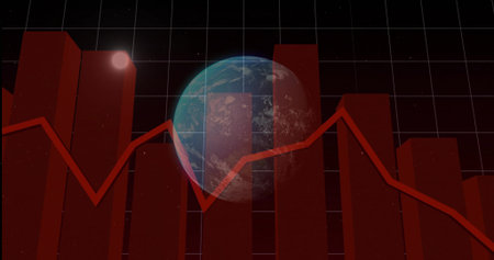 Displaying red bar chart with overlaid red line and Earth globe in space, featuring thin grid. 3d,...