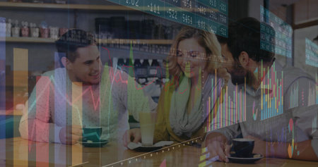 Discussing stock charts 3 adults sitting at cafe table, wearing mustard cardigan, with coffee cups. Collaboration, meeting, teamwork, data, graphs, overlay, doubleexposureの写真素材