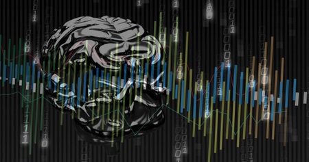 Shining brain sculpture resting on reflective studio base showing colored bars, waves, binary code. Ai, analytics, visualization, holographic, futuristic, neural, circuitryの写真素材