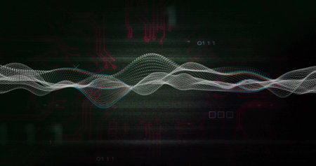 Pulsing central dotted waveform flowing across HUD icons, showing binary 0111, magenta traces....