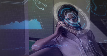 Reclining woman wearing collared shirt, holding smartphone to ear on sofa at home, showing HUD. Holographic, futuristic, visualization, analytics, grid, graph, circuitryの写真素材