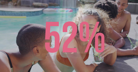 Chatting four in swimwear leaning on backyard pool edge, holding glass with straw, pink overlay....