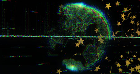 Rotating glowing RGB pixel hemisphere drifting in data-space, with dotted line and gold stars. Neon,...