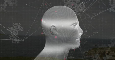 Displaying neutral 3D point cloud head in right profile at dusk coast, with magenta nodes. Neural,...
