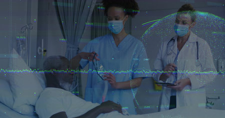 Attending nurse scrubs holding oxygen mask to patient at bedside with data overlay, copy space....