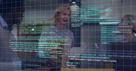 Collaborating coworkers behind glass at office, viewing overlaid code, green grid, striped blouse....