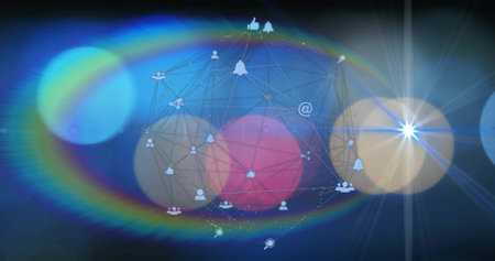 Pulsing central network glowing in digital studio, showing social icons, bokeh, halo, starburst....