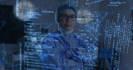 Crossing surgeon's arms in blue scrubs, cap, lowered mask and gloves at OR with holographic code....