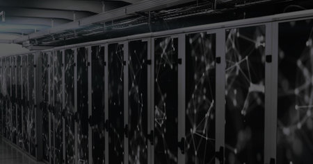 Displaying row of server racks showing node graphics in data center aisle, glass doors. Cabinetry,...