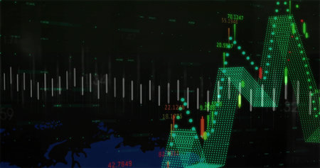 Showing large green dotted mesh chart on dark screen, featuring candlestick markers and waveform....