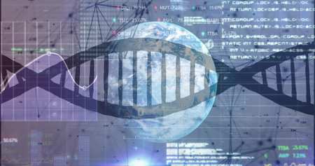 Displaying DNA double helix and globe stretching across data dashboard, with ticker and charts. Genomics, biotech, molecular, visualization, analytics, futuristic, digitalの写真素材