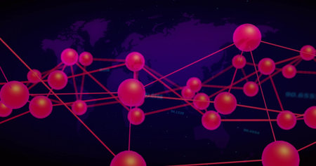 Animating network of glossy magenta spheres pulsing across virtual space, with neon red lines. Mesh,...