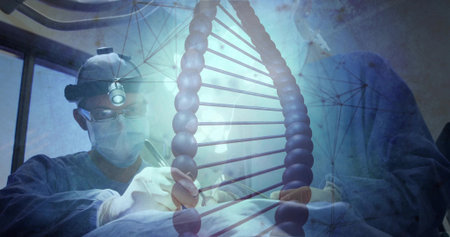 Operating surgeons performing surgery in OR, wearing sterile gowns and headlamp with DNA overlay. Genomics, clinical, theatre, teamwork, precision, bluish, molecularの写真素材