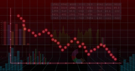 Displaying descending red line with markers trending downward on screen, with teal bars, 3D grid....