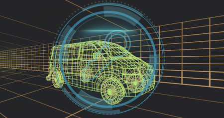 Rendering neon green wireframe van model rotating in virtual 3D space with orange grid, HUD rings....