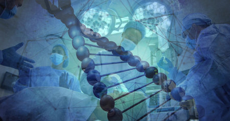 Overlaying stylized DNA helix crossing hospital operating room, showing surgeons in gowns and masks. Genomics, network, visualization, teamwork, monitors, clinical, scrubsの写真素材