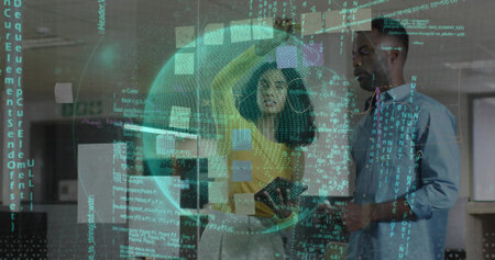Gesturing yellow-top woman and man with tablet pointing at glass wall in office with holograms....