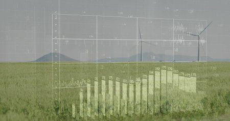 Displaying green cereal field on rural plain, overlaying faint 3D chart, grid lines, three turbines....