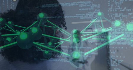 Viewing researchers in dark top and light blouse analyzing 3D network in lab, with code overlay. Molecule, visualization, collaboration, programming, doubleexposure, neon, laboratoryの写真素材