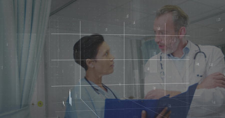 Reviewing blue folder, nurse in scrubs pointing, doctor in labcoat listening in ward, digital grid....