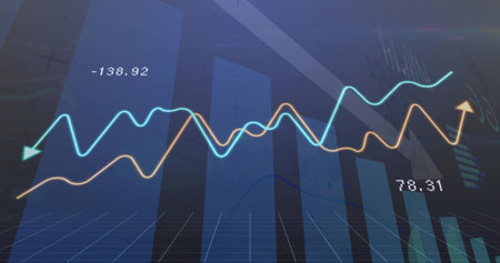 Showing 3D financial dashboard with cyan and orange lines, faint bars, arrow labels -138.92 78.31....