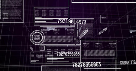 Showing floating data panels and big numeric overlays across 3D grid, featuring circular gauge....