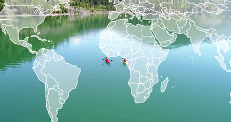 Paddling two kayakers across calm green lake with colorful kayaks, life jackets, world map overlay. Boats, duo, outdoors, forest, serene, reflections, globeの写真素材
