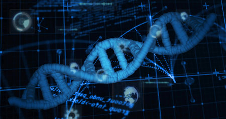 Displaying DNA double helix twisting diagonally in virtual lab, with glowing nodes and grid lines....