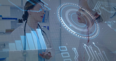 Reviewing two doctors analyzing holo HUD in clinic wearing lab coats, stethoscope, glasses, shelves....