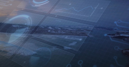 Displaying aerial coastal seascape blending light HUD elements data panels grid over ocean rocks....