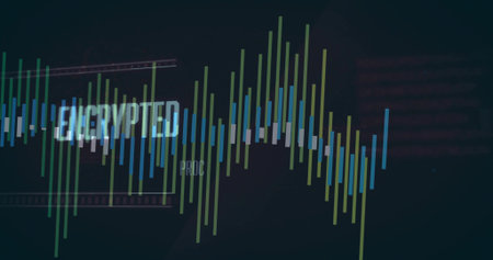 Displaying waveform bars pulsing on digital dashboard, showing ENCRYPTED label and UI grid. Data,...