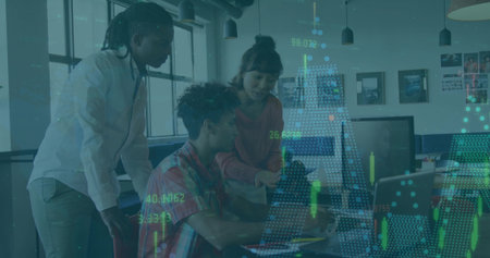 Reviewing team analyzing laptop candlestick charts in modern office knit striped longsleeve shirts. Collaboration, coworking, data, analytics, graphs, finance, businessの写真素材