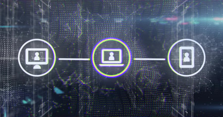 Showing central laptop node glowing with neon ring on digital map, linking desktop and tablet nodes....