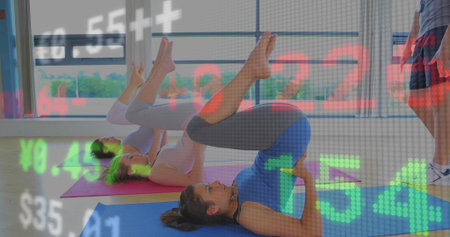 Lifting woman in tank top and leggings on mat raising hips at studio, with ticker overlay. Bridge,...