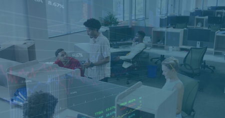 Discussing five staff checking screens in open-plan office, business-casual clothing, stock overlay....