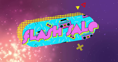 Featuring central turquoise capsule displaying FLASH SALE text on retro poster, with boombox icons....