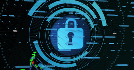 Displaying central padlock icon glowing and scanning virtual interface, with HUD rings binary code....