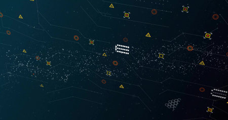 Streaming white band moving across teal gradient with circuit traces, yellow triangles, red targets....